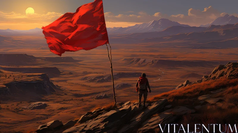 AI ART Desert Adventure: Person with Red Flag in Sunset Landscape