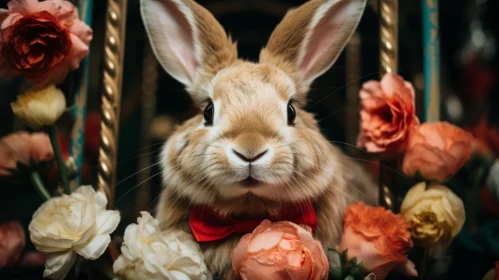 Enchanting Floral Rabbit Portrait: Red Rabbit Amidst Flowers
