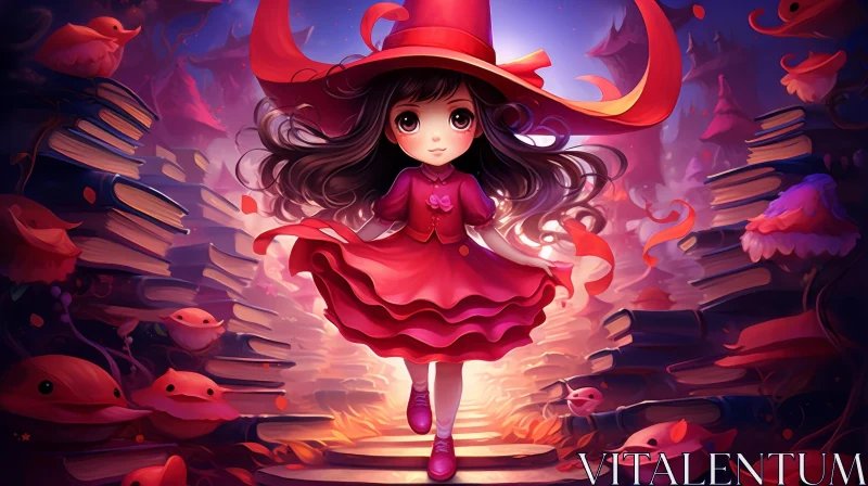 Enchanting Witch in Red Walking Through Magical Library AI Image