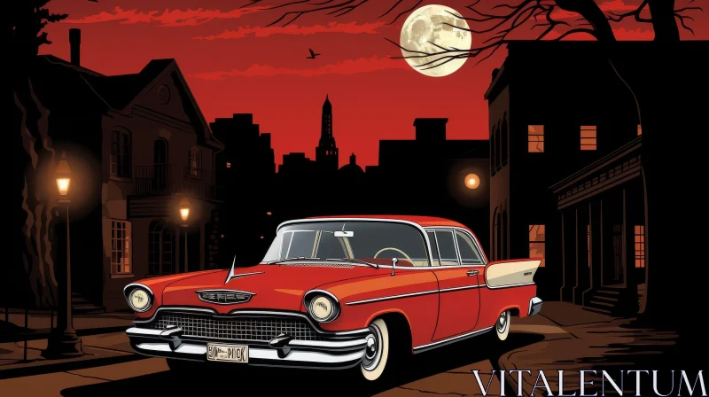 Enigmatic Night: Vintage Car in Moonlight AI Image