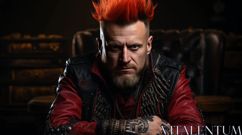 Intense Portrait of a Man with Red Mohawk and Tattoos AI Image