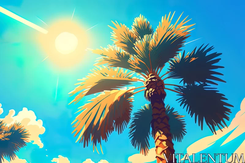 Nostalgic Palm Tree Illustration with Saturated Colors AI Image