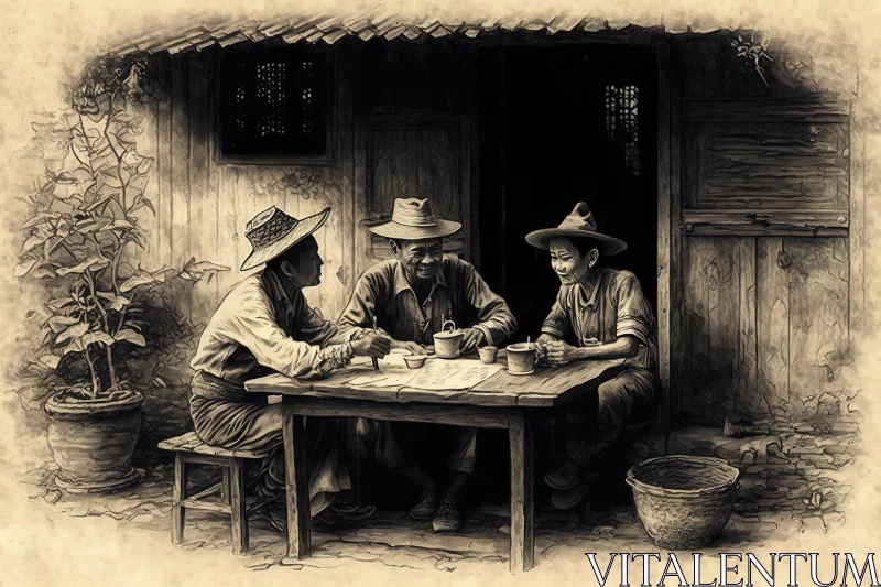 Nostalgic Rural Life Depictions: Three Men Sitting at a Table AI Image