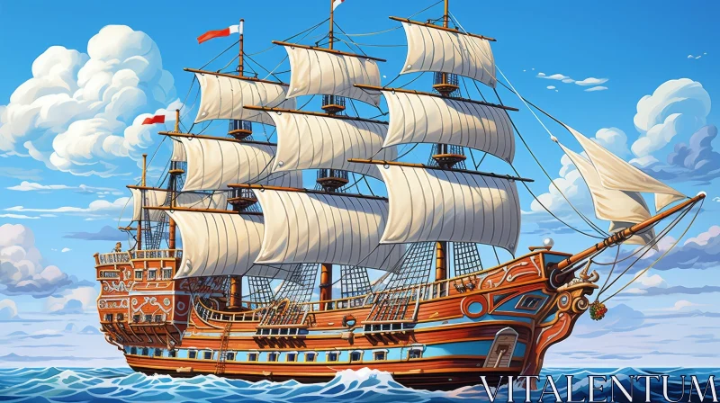 Sailing Ship on the Open Sea - Digital Painting AI Image