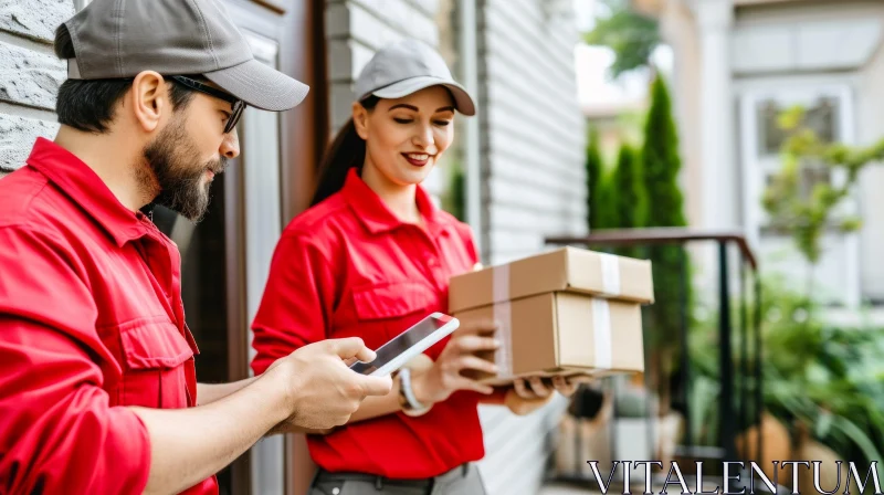 Smiling Delivery Woman and Man in Red Uniform with a Box at the Door AI Image