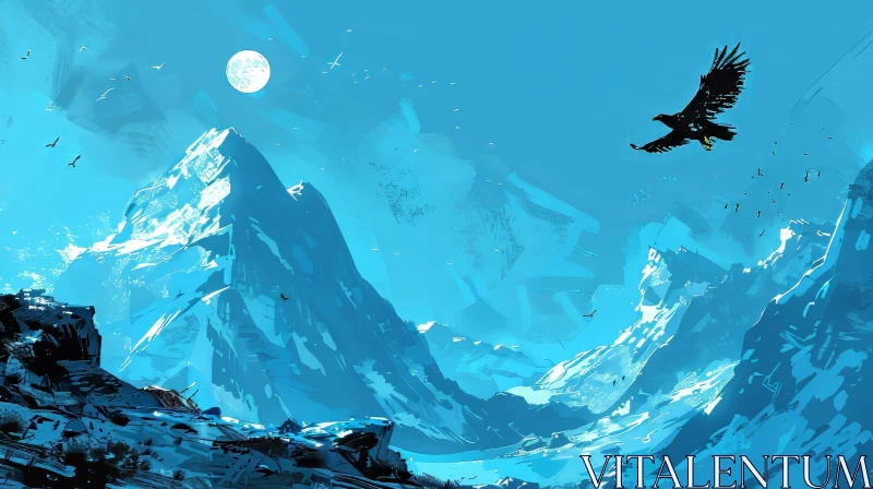 AI ART Snow-Capped Mountains Landscape with Moon and Eagle