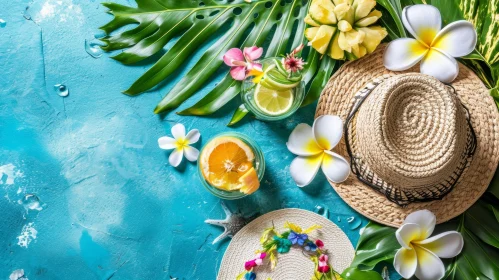 Stunning Photo: Blue Background with Straw Hat, Tropical Leaves, and Flowers