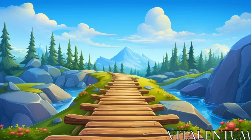 Tranquil Cartoon Landscape with Wooden Bridge and River AI Image