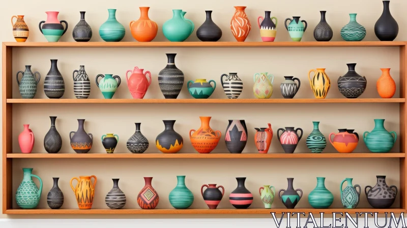 Unique Ceramic Vases Display on Wooden Shelves AI Image