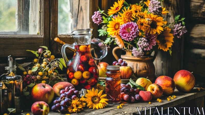 Warm and Inviting Still Life: Wooden Table with Flowers, Fruit Punch, and Honey AI Image