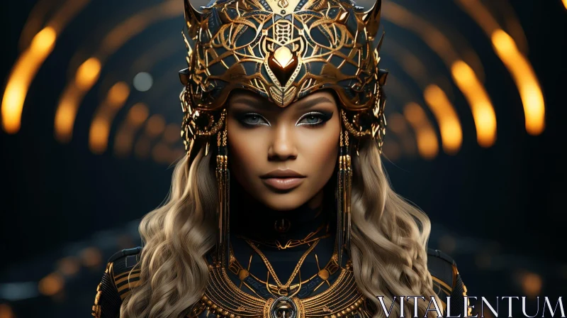 Warrior Woman Portrait in Gold and Black Armor AI Image