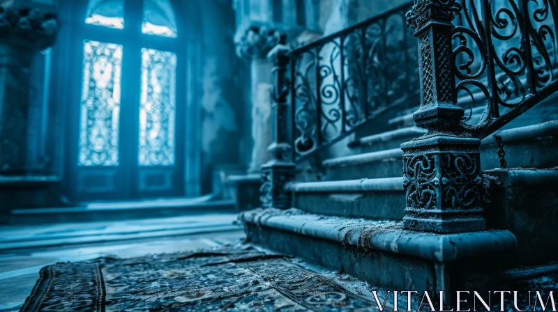AI ART Abandoned Mansion Staircase: A Stunning Display of Marble and Wrought-Iron