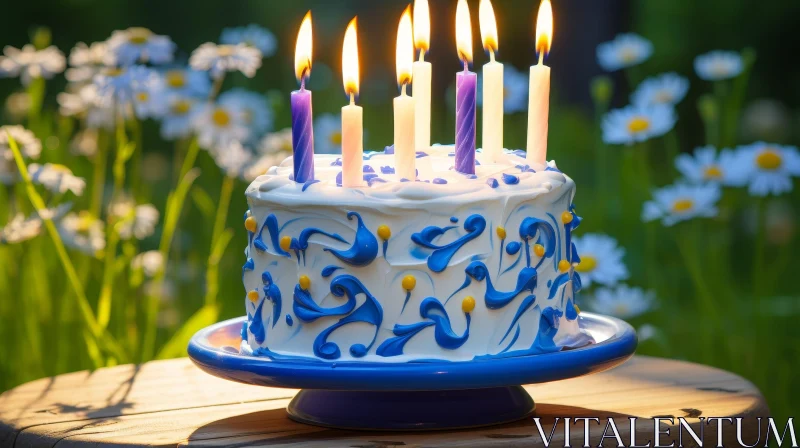Birthday Cake with Candles Outdoors AI Image