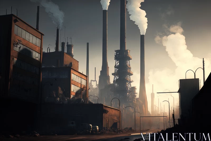 Captivating Industrial Cityscape: Steam Pipes and Moody Atmosphere AI Image