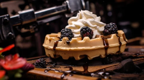 Delicious Golden Waffle with Blackberries and Cream