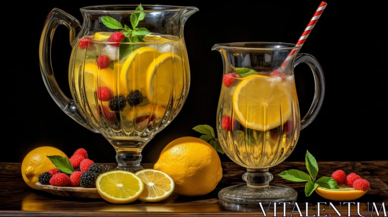 Delicious Lemonade in Glass Pitchers on Wooden Table AI Image