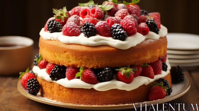 Delicious Two-Tiered Cake with Fresh Berries and Cream AI Image