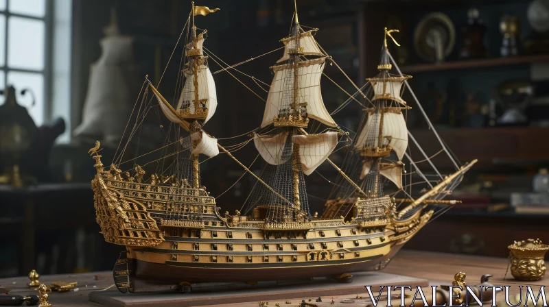 Detailed 17th-Century Galleon Model | Wood and Metal | Craftsmanship AI Image