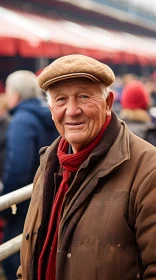 Elderly Man in Brown Hat and Red Scarf at Horse Racing Track