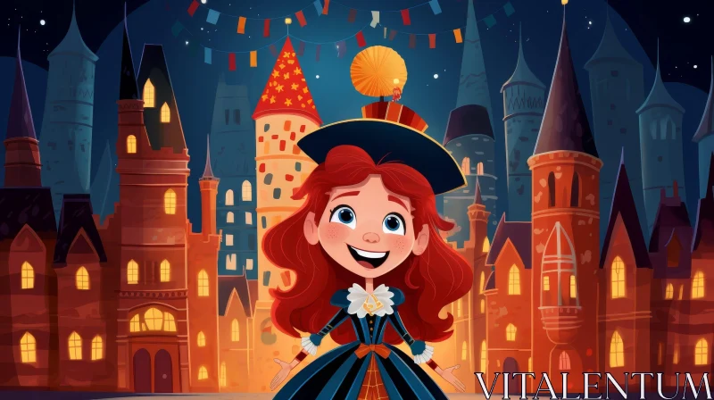 Girl in Historical Dress - Cartoon Illustration in Medieval Town AI Image