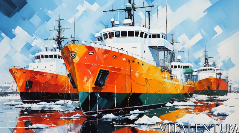 Harbor Painting with Three Ships and Icebergs AI Image