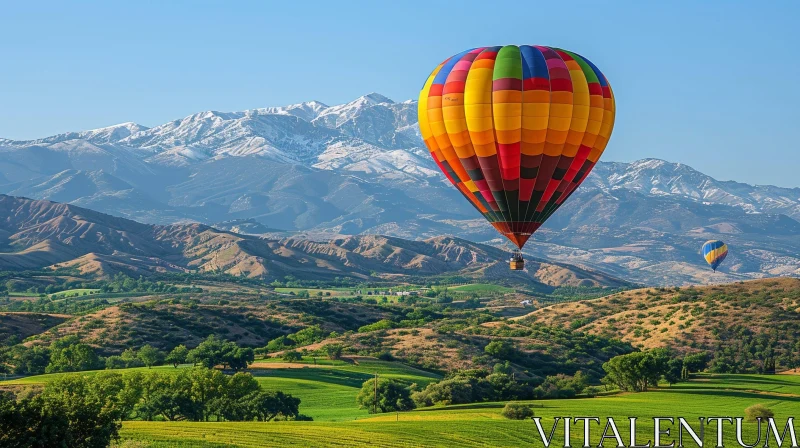 Hot Air Balloons Flying Over Lush Valley - Aerial Adventure AI Image