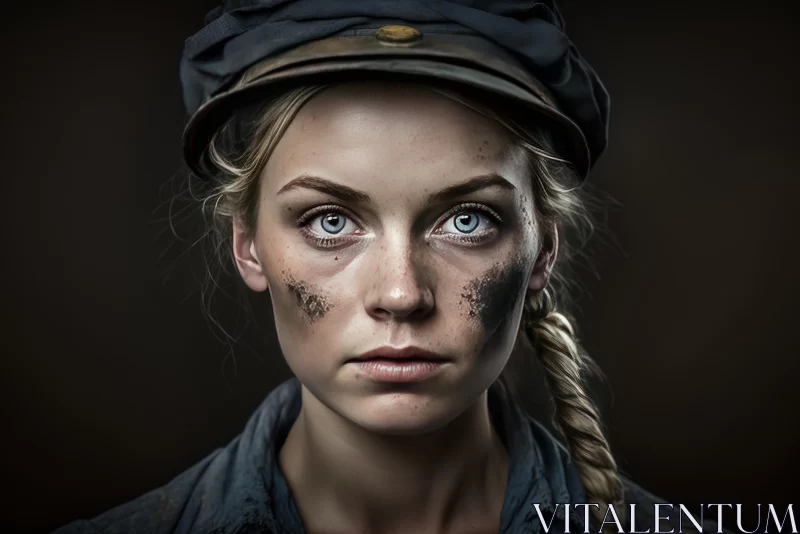Intense Portraiture: Woman in Coal Miner Hat with Expressive Eyes AI Image