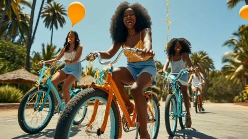 Joyful African American Women Riding Bicycles with Yellow Balloons