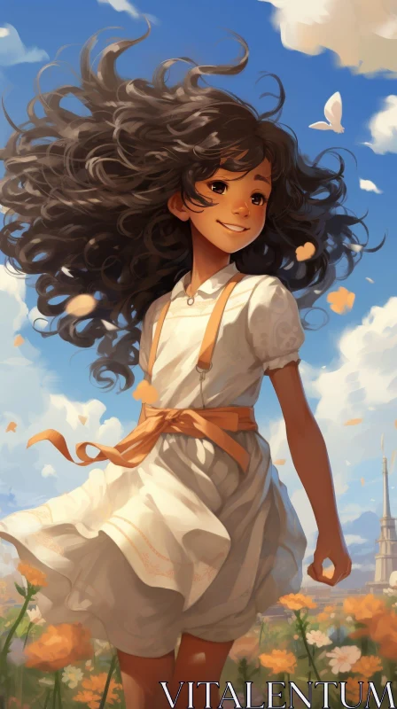 Joyful Young Girl Portrait in Flower Field AI Image