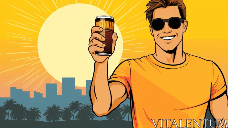 Man with Beer Can at Sunset Illustration AI Image