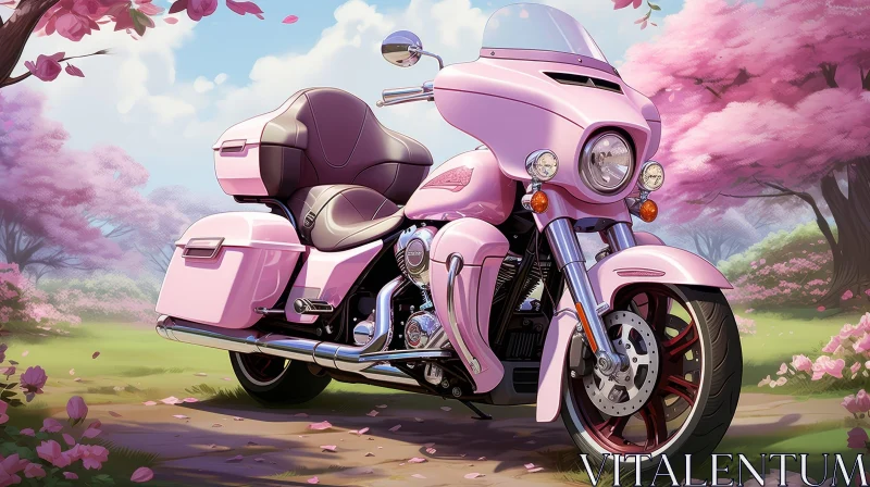 Pink Motorcycle in Field of Flowers AI Image