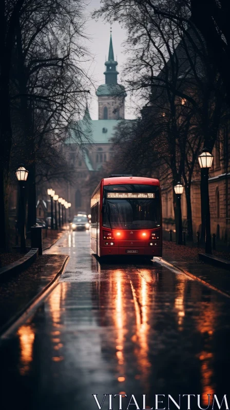 Red Bus in Moody City Street AI Image