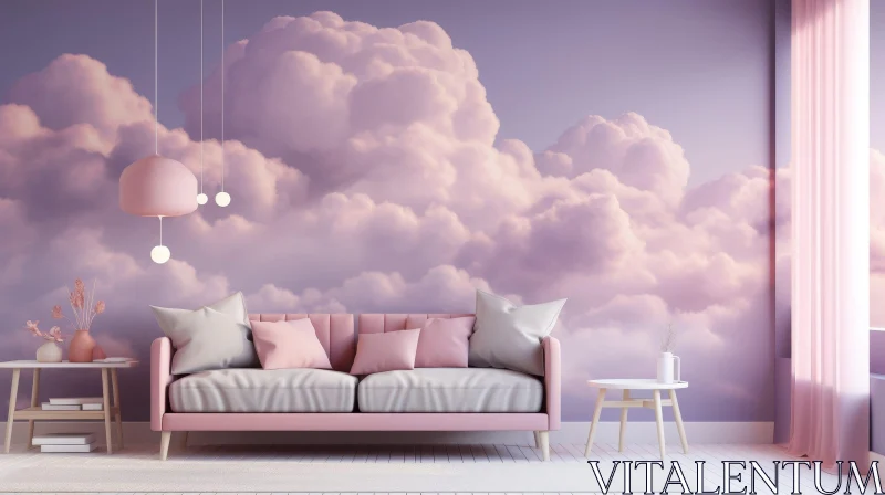 Serene Living Room with Pink Sofa and Artwork AI Image