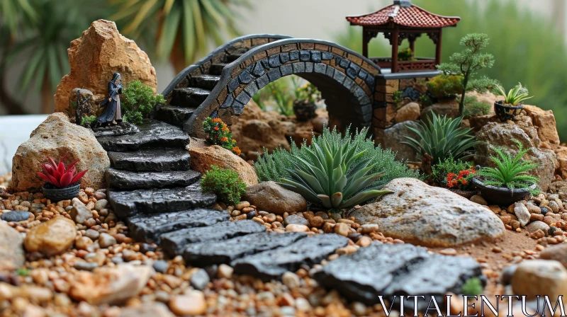 Serene Zen Garden with Stone Bridge, Pagoda, Rocks, and Plants AI Image