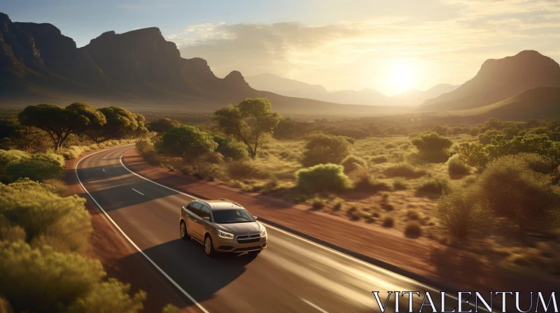 Silver SUV Driving in Desert Landscape AI Image