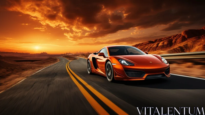 Sleek Orange Sports Car in Desert Landscape at Sunset AI Image