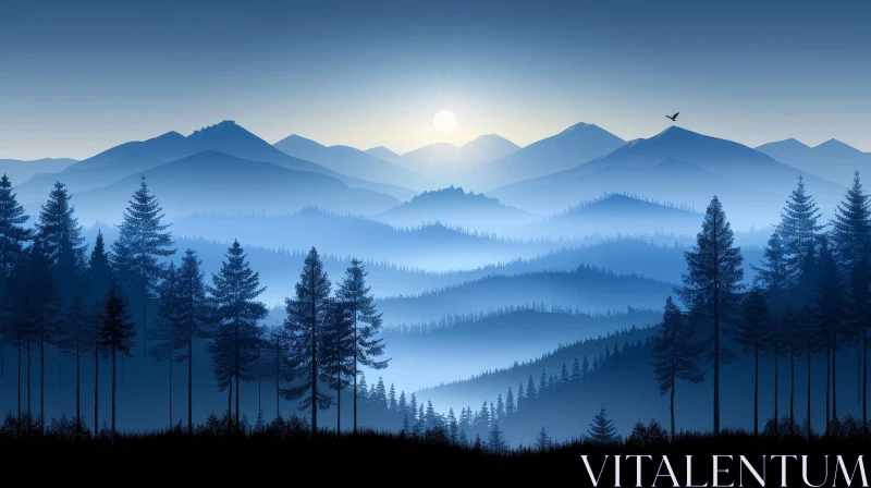 Tranquil Mountain and Forest Landscape at Sunset AI Image