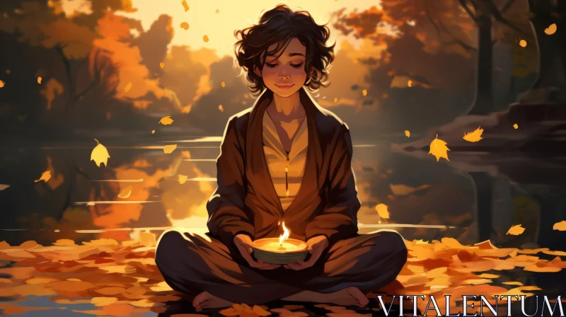 Tranquil Woman Meditating in Autumn Forest AI Image