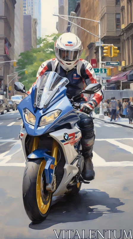 Urban BMW Motorcycle Rider in City Street AI Image