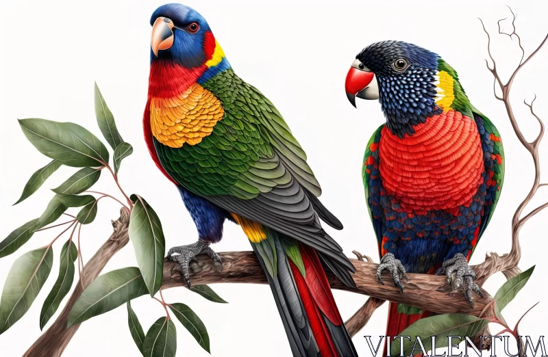 Vibrant Parrots on Branch: Realistic and Detailed Artwork AI Image