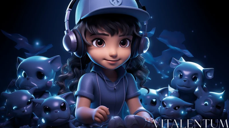 Young Girl 3D Rendering in Blue Void with Video Game Controller AI Image