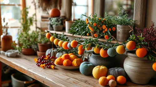 Autumnal Still Life: Wooden Table Decorated with Seasonal Objects