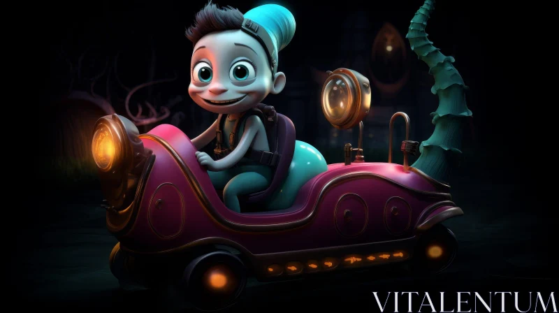 Boy in Car 3D Rendering in Forest