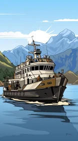 Cartoon Boat in Lake with People and Mountains