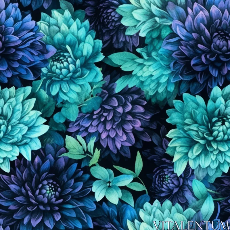 Dark Blue and Teal Chrysanthemum Seamless Pattern AI Image