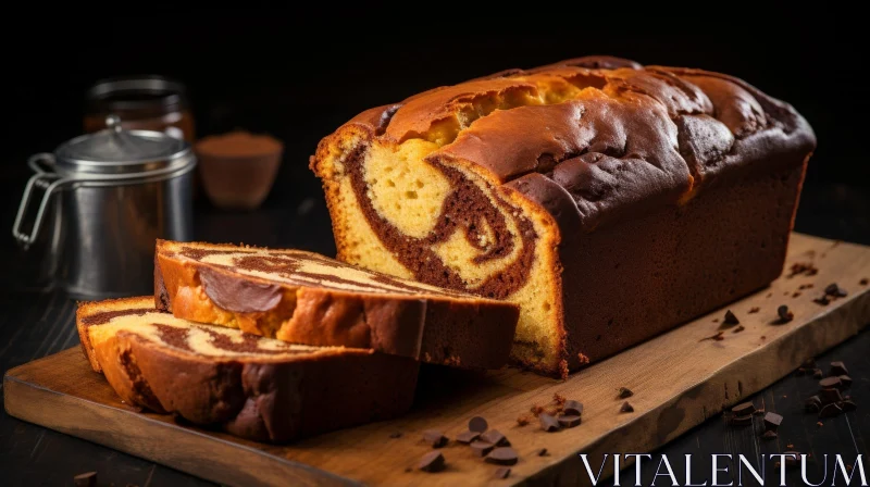 Delicious Marbled Chocolate Cake on Wooden Cutting Board AI Image