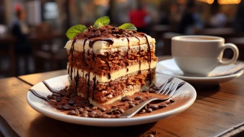 Delicious Tiramisu Cake on Plate with Coffee