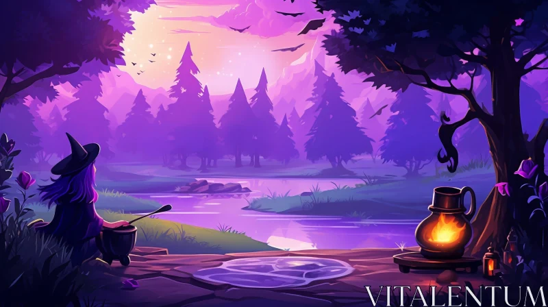 Enchanting Forest Night Scene with Witch and Cauldron