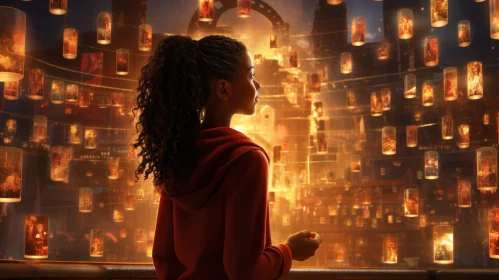 Enigmatic Night Sky with Glowing Lanterns and Young Girl