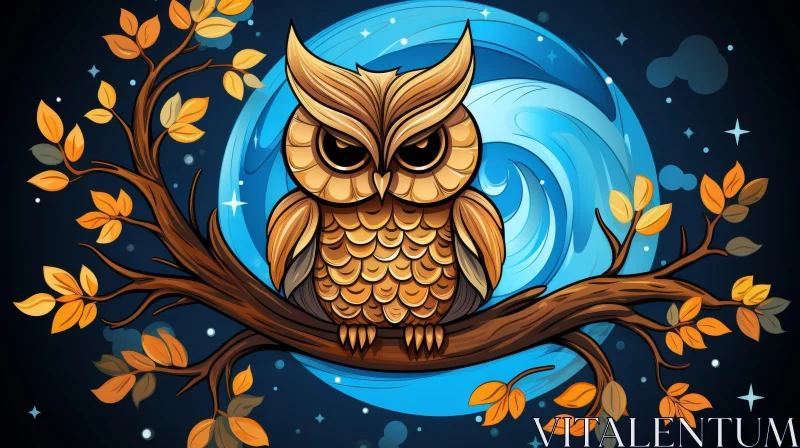 Enigmatic Owl Perched on Branch Digital Painting AI Image